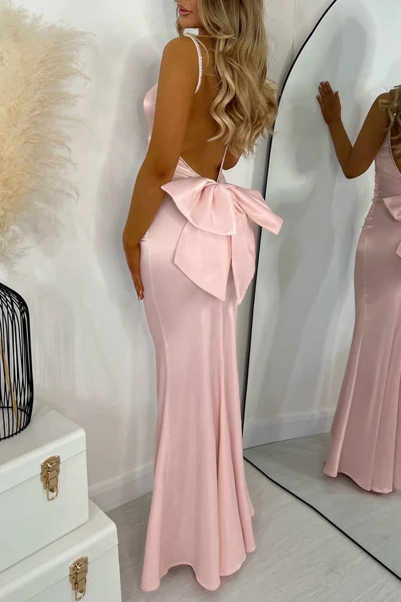 Robe Weitese élégante dos nu nœud robe en satin bretelles spaghetti fête cocktail mariage invité rose longue robe pour femmes mince moulante sexy robe de bal